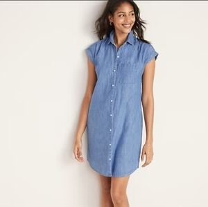 100%Cotton Chambray Cap-Sleeve Shirt Dress Size Medium  Casual Lounge  Coastal